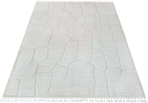 Corner detail of New Morocco rug showing border pattern and Wool pile