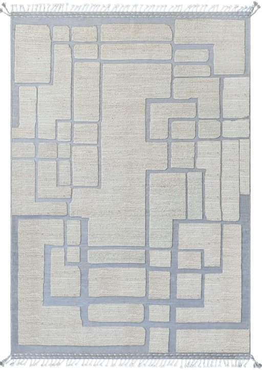 Full view of New Morocco rug from Pakistan, 256 × 178 cm in Beige tones