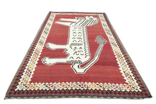 Close-up detail of 2000s Kilim Dastan rug from Iran / Persia showing Wool weave