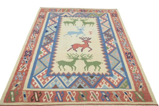 Close-up detail of 2000s Kilim Dastan rug from Iran / Persia showing Wool weave