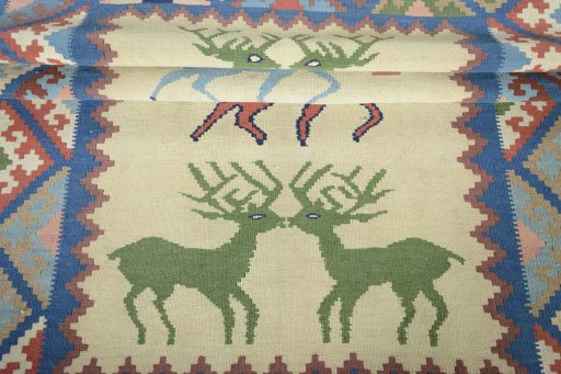Full view of 2000s Kilim Dastan rug from Iran / Persia, 192 × 147 cm in Beige tones