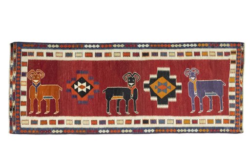 Full view of 2000s Kilim Dastan rug from Iran / Persia, 307 × 120 cm in Red tones