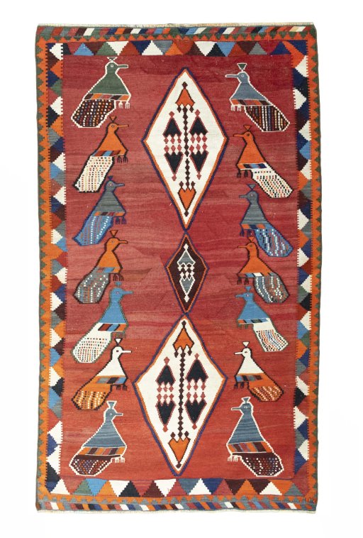 Full view of 2000s Kilim Dastan rug from Iran / Persia, 282 × 164 cm in Red tones
