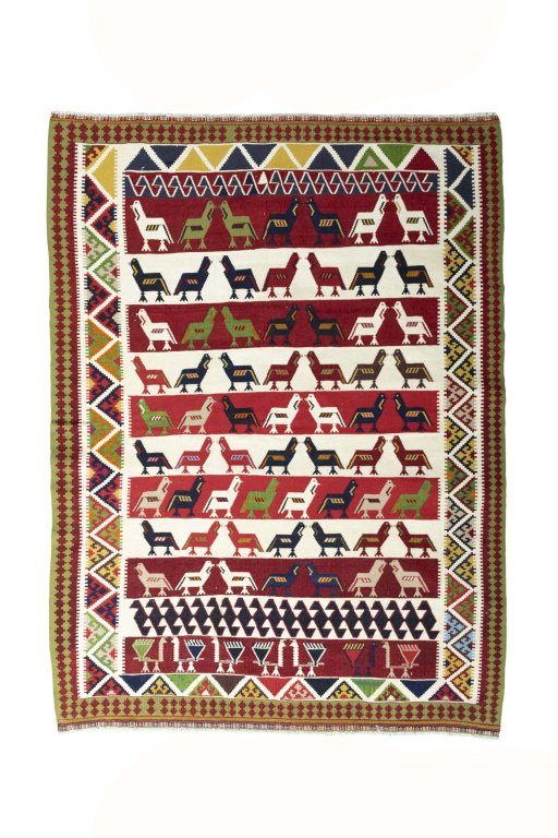 Full view of New Kilim Dastan rug from Iran / Persia, 246 × 184 cm in Multi Color tones
