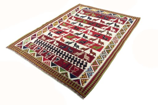 Corner detail of New Kilim Dastan rug showing border pattern and Wool pile