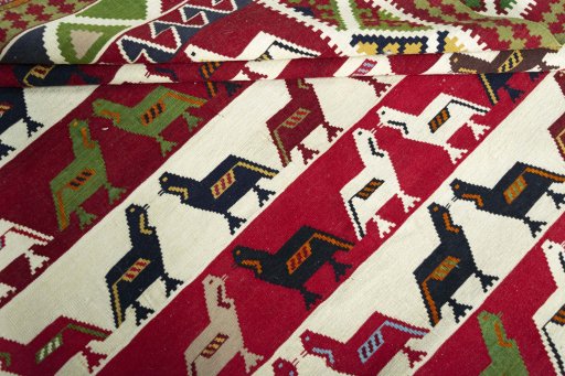 Full view of New Kilim Dastan rug from Iran / Persia, 246 × 184 cm in Multi Color tones