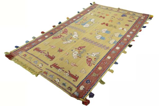 Corner detail of 1970s Kilim Dastan rug showing border pattern and Wool pile