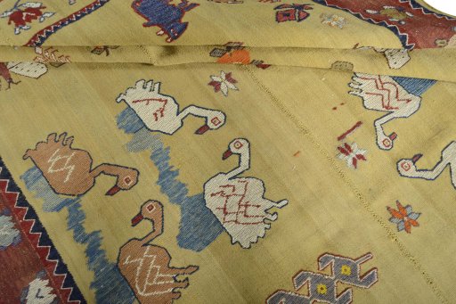 Full view of 1970s Kilim Dastan rug from Iran / Persia, 276 × 158 cm in Yellow tones