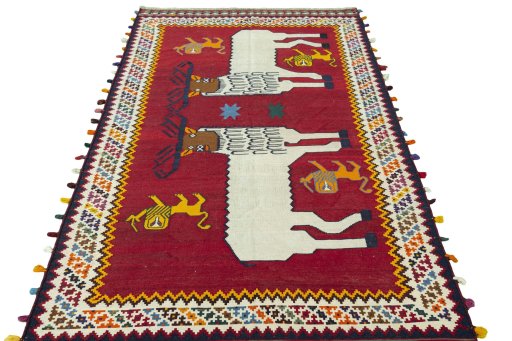 Close-up detail of 2000s Kilim Dastan rug from Iran / Persia showing Wool weave