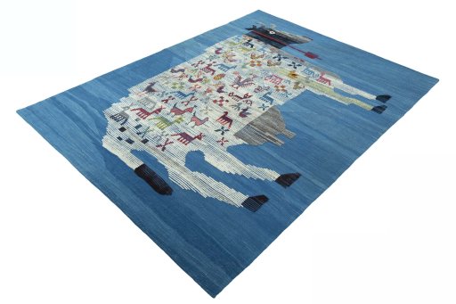 Corner detail of New Kilim Dastan rug showing border pattern and Wool pile