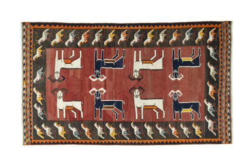 Full view of 1970s Kilim Dastan rug from Iran / Persia, 268 × 157 cm in Red tones