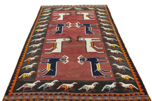 Close-up detail of 1970s Kilim Dastan rug from Iran / Persia showing Wool weave