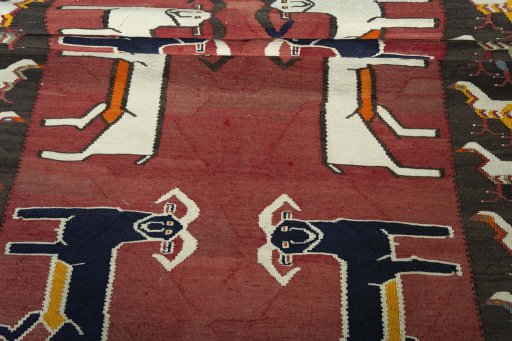 Full view of 1970s Kilim Dastan rug from Iran / Persia, 268 × 157 cm in Red tones