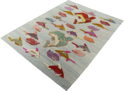 Corner detail of New Kilim Dastan rug showing border pattern and Wool pile