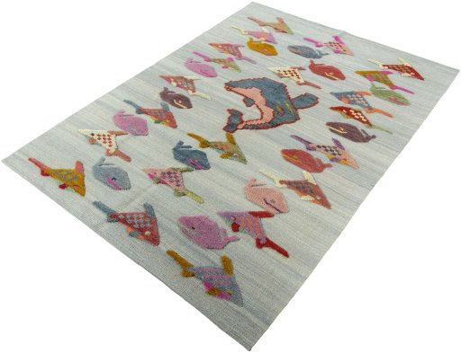 Corner detail of New Kilim Dastan rug showing border pattern and Wool pile