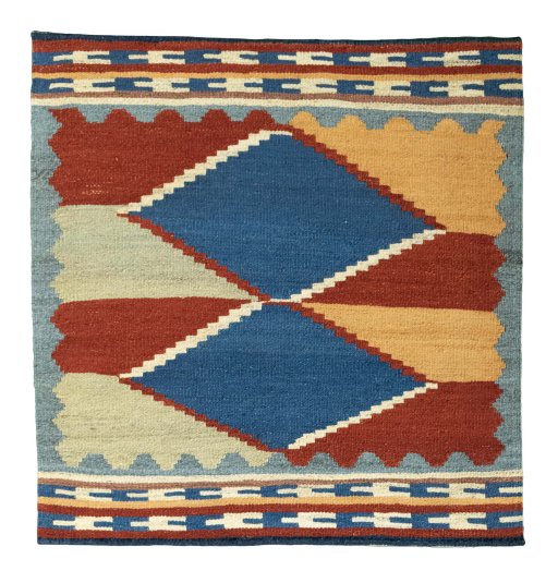 Full view of New Kilim Sofre rug from Iran / Persia, 106 × 103 cm in Multi Color tones