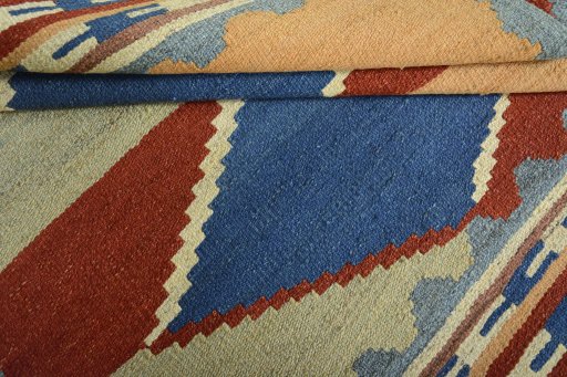 Full view of New Kilim Sofre rug from Iran / Persia, 106 × 103 cm in Multi Color tones