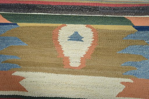 Full view of New Kilim Sofre rug from Iran / Persia, 98 × 97 cm in Multi Color tones