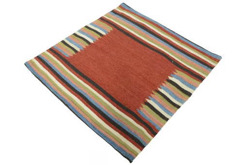 Corner detail of New Kilim Sofre rug showing border pattern and Wool pile