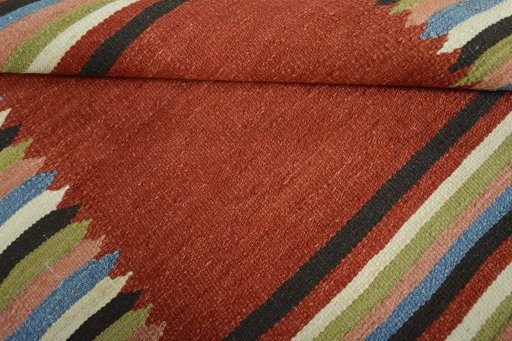 Full view of New Kilim Sofre rug from Iran / Persia, 104 × 100 cm in Multi Color tones