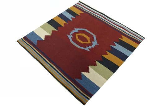 Corner detail of New Kilim Sofre rug showing border pattern and Wool pile