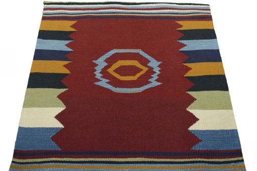 Close-up detail of New Kilim Sofre rug from Iran / Persia showing Wool weave