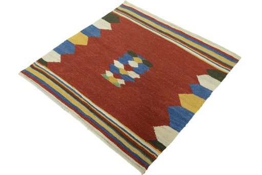 Corner detail of New Kilim Sofre rug showing border pattern and Wool pile