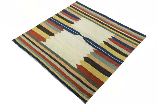Corner detail of New Kilim Sofre rug showing border pattern and Wool pile