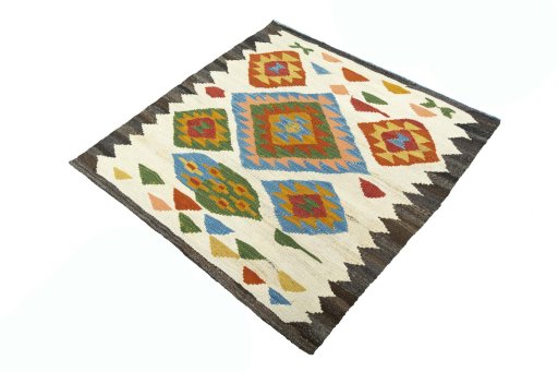 Corner detail of New Kilim Sofre rug showing border pattern and Wool pile