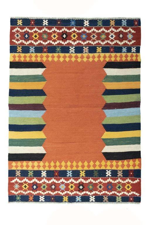 Full view of New Kilim Sofre rug from Iran / Persia, 178 × 128 cm in Multi Color tones