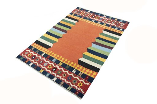 Corner detail of New Kilim Sofre rug showing border pattern and Wool pile