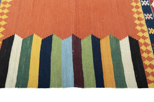 Close-up detail of New Kilim Sofre rug from Iran / Persia showing Wool weave