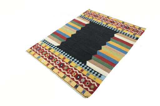 Corner detail of New Kilim Sofre rug showing border pattern and Wool pile