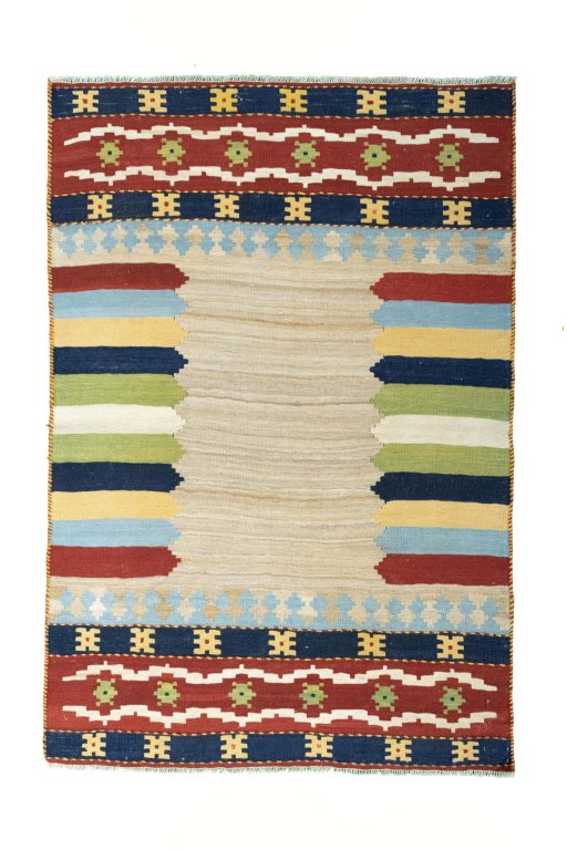 Full view of New Kilim Sofre rug from Iran / Persia, 186 × 124 cm in Multi Color tones