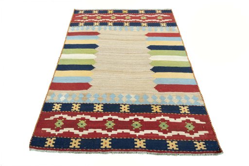 Close-up detail of New Kilim Sofre rug from Iran / Persia showing Wool weave