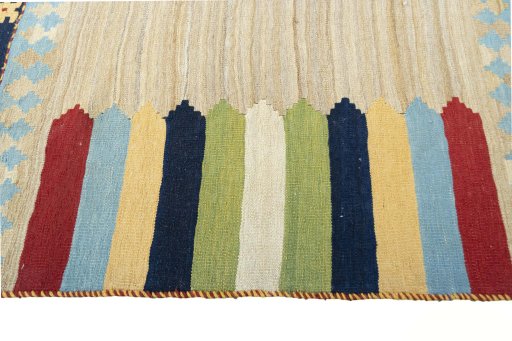 Close-up detail of New Kilim Sofre rug from Iran / Persia showing Wool weave