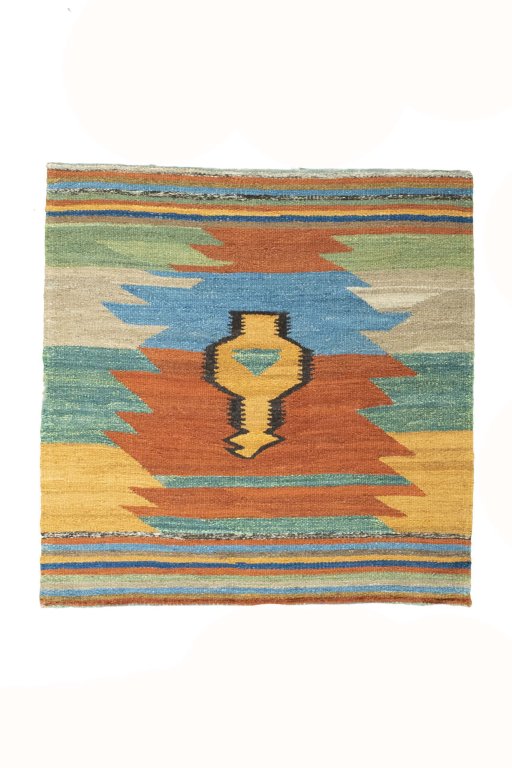 Full view of New Kilim Sofre rug from Iran / Persia, 105 × 104 cm in Multi Color tones