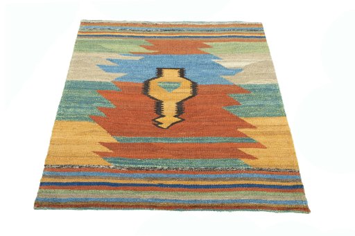 Close-up detail of New Kilim Sofre rug from Iran / Persia showing Wool weave