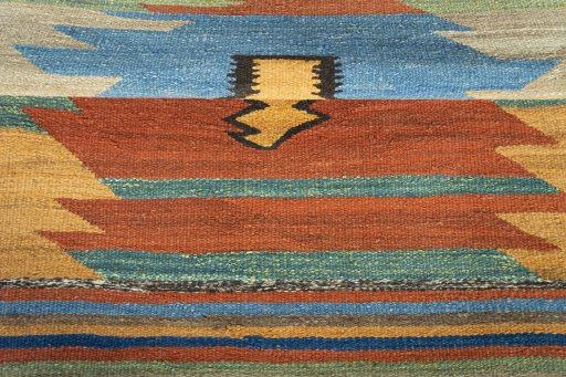 Full view of New Kilim Sofre rug from Iran / Persia, 105 × 104 cm in Multi Color tones
