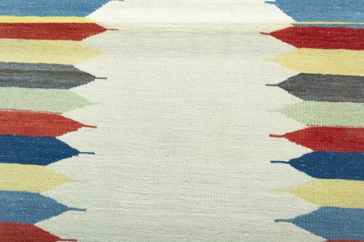 Full view of New Kilim Sofre rug from Iran / Persia, 110 × 93 cm in Beige tones