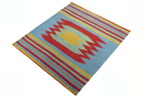 Corner detail of New Kilim Sofre rug showing border pattern and Wool pile
