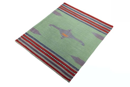 Corner detail of New Kilim Sofre rug showing border pattern and Wool pile