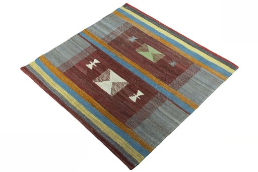 Corner detail of New Kilim Sofre rug showing border pattern and Wool pile