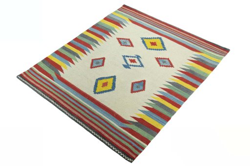 Corner detail of New Kilim Sofre rug showing border pattern and Wool pile