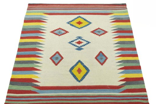Close-up detail of New Kilim Sofre rug from Iran / Persia showing Wool weave