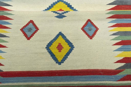 Full view of New Kilim Sofre rug from Iran / Persia, 103 × 90 cm in Beige tones