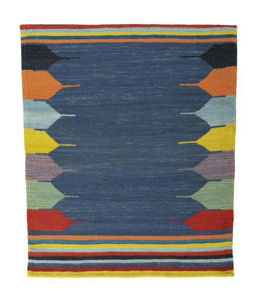 Full view of New Kilim Sofre rug from Iran / Persia, 112 × 93 cm in Blue tones