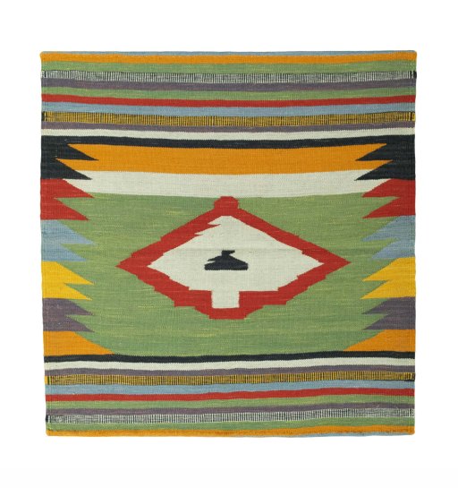 Full view of New Kilim Sofre rug from Iran / Persia, 104 × 101 cm in Green tones