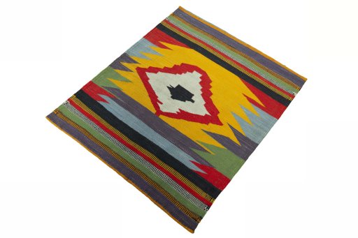 Corner detail of New Kilim Sofre rug showing border pattern and Wool pile