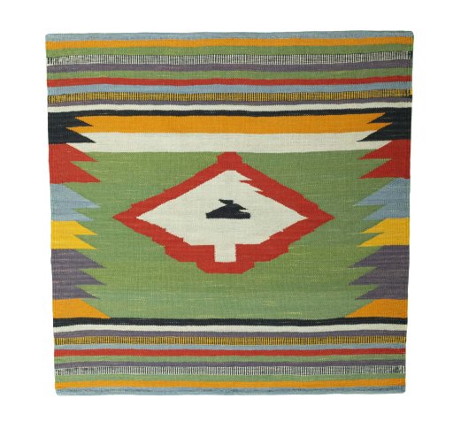Full view of New Kilim Sofre rug from Iran / Persia, 104 × 104 cm in Multi Color tones